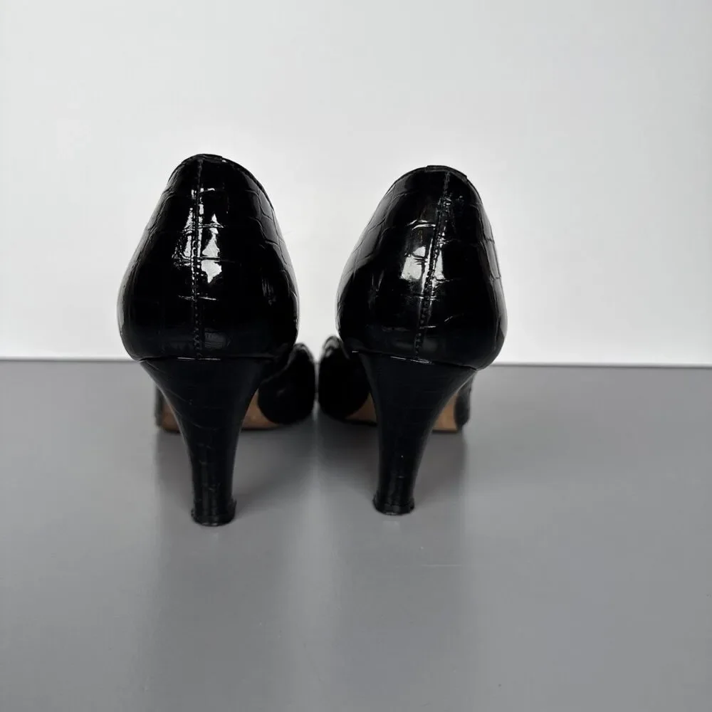 Anyi Lu Handmade In Italy Patent Leather Snakeskin Black Peep Toe Heels Sz 37.5‎
